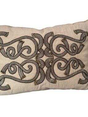 Ethan Allen Beaded Embroidered Throw Pillow Linen Rectangular Decorative Accent